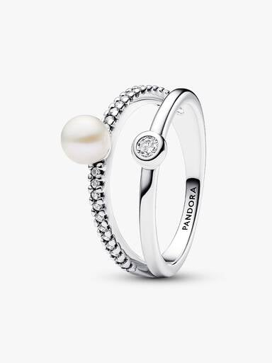 Treated Freshwater Cultured Pearl & Pavé Double Band Ring