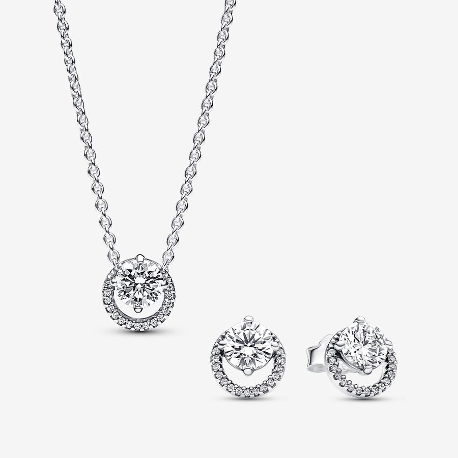 Sparkling Round Halo Timeless Necklace and Earrings Set image number 0
