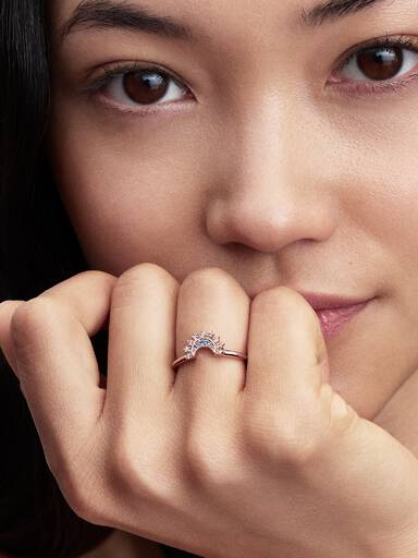 Celestial moon 14k rose gold-plated ring with night blue crystal and clear cubic zirconia