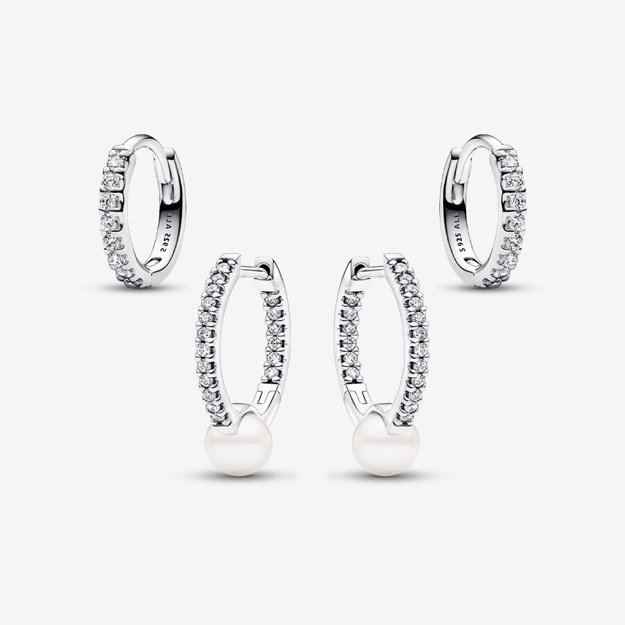 Freshwater Cultured Pearl and Sparkling Hoop Earrings Set image number 0