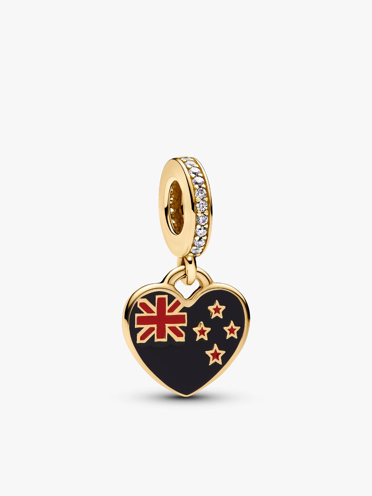 New Zealand flag 14k gold-plated dangle with clear cubic zirconia, blue and red enamel
