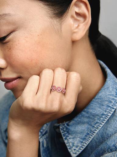 Pink Daisy Flower Trio Ring