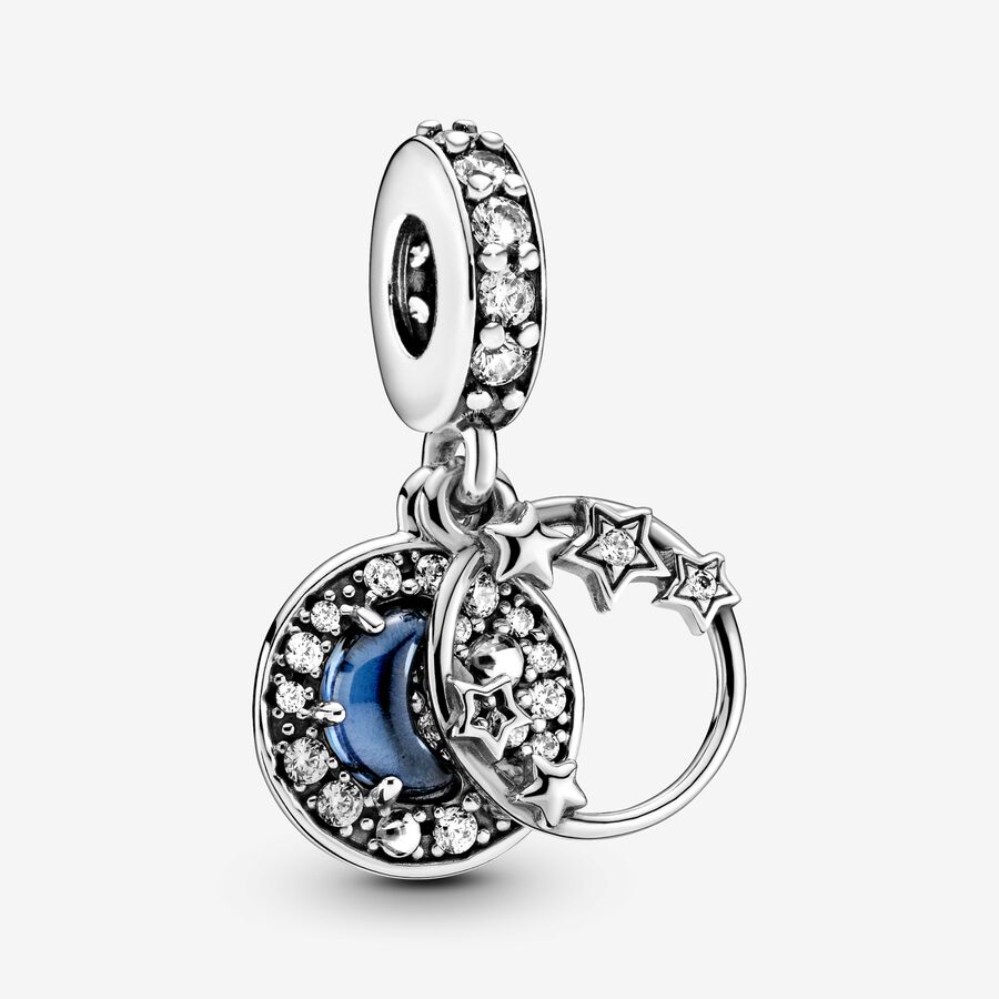 Blue Night Sky Crescent Moon and Stars Dangle Charm image number 0
