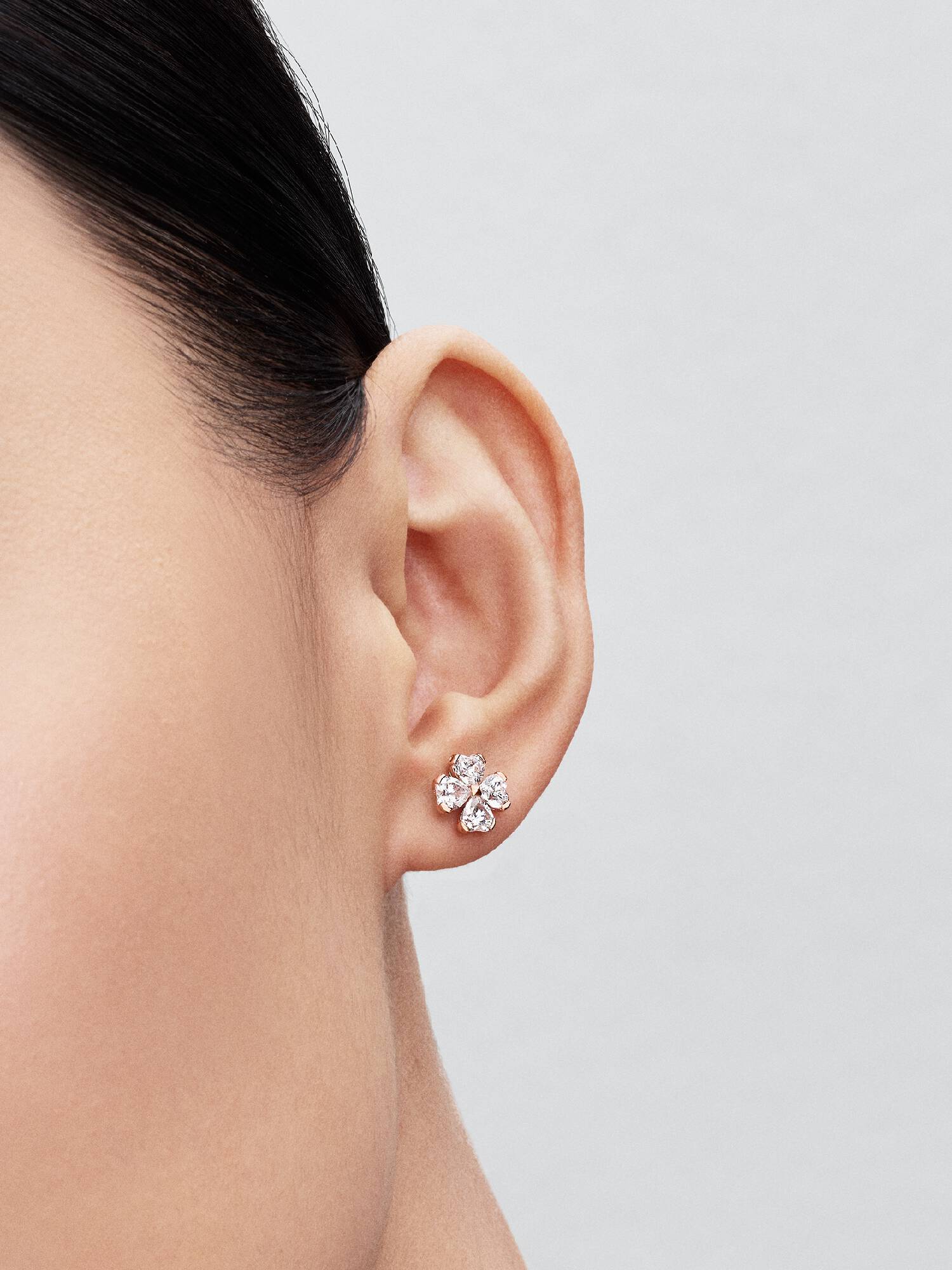 Clover 14k rose gold-plated stud earrings with clear cubic zirconia