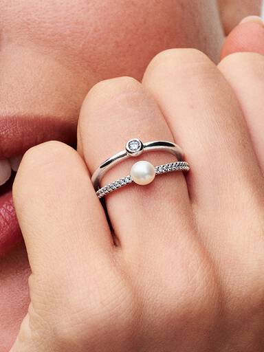Treated Freshwater Cultured Pearl & Pavé Double Band Ring