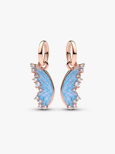 Butterfly 14k rose gold-plated splittable dangle with clear cubic zirconia and shimmering blue enamel