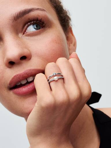 Treated Freshwater Cultured Pearl & Pavé Double Band Ring