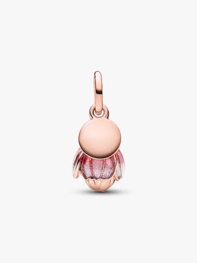Openable flower 14k rose gold-plated dangle with royal green crystal and glittery shaded pink UV resin