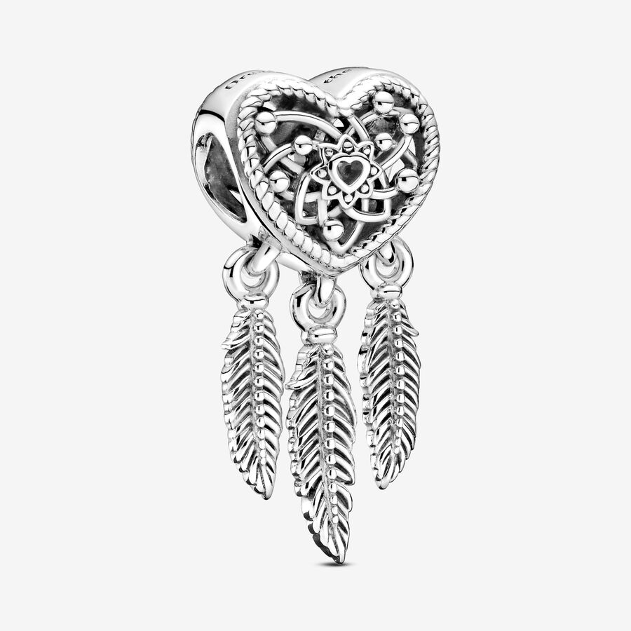 Openwork Heart & Three Feathers Dreamcatcher Charm image number 0