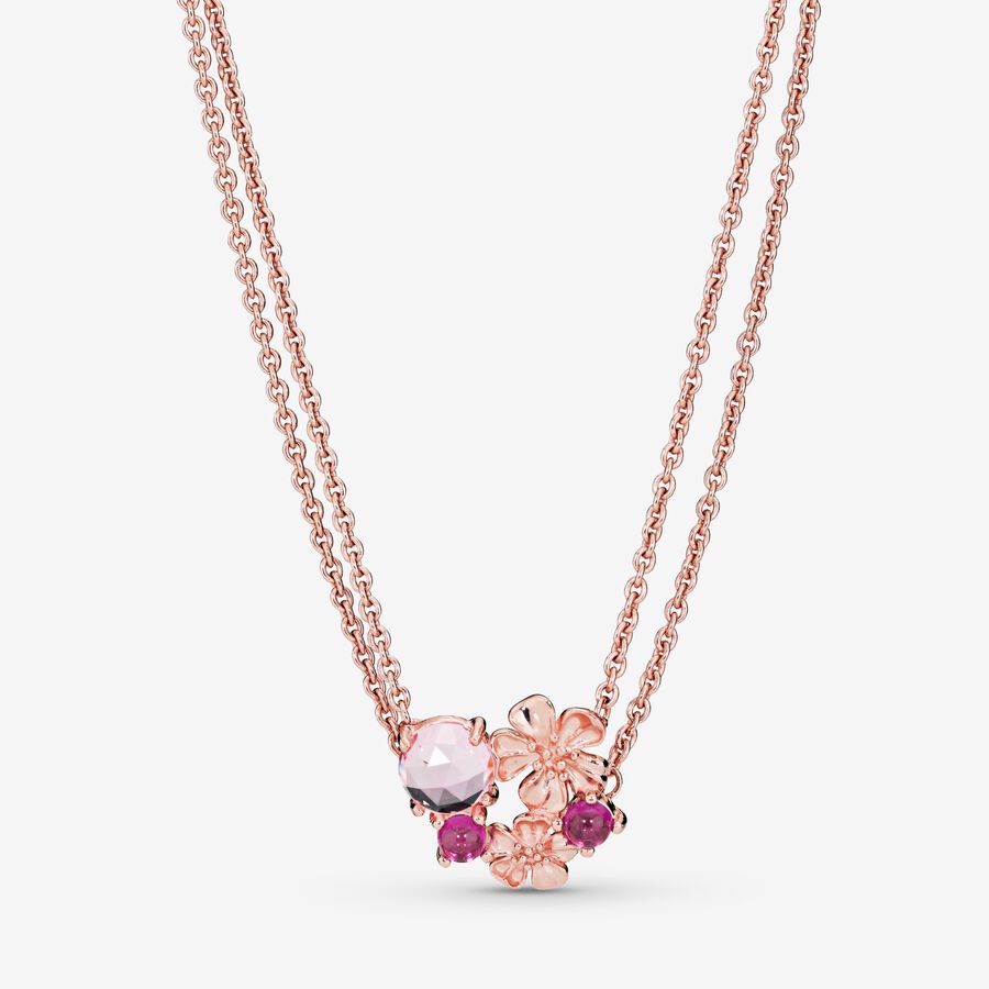 Pink Peach Blossom Flower Double Chain Necklace image number 0