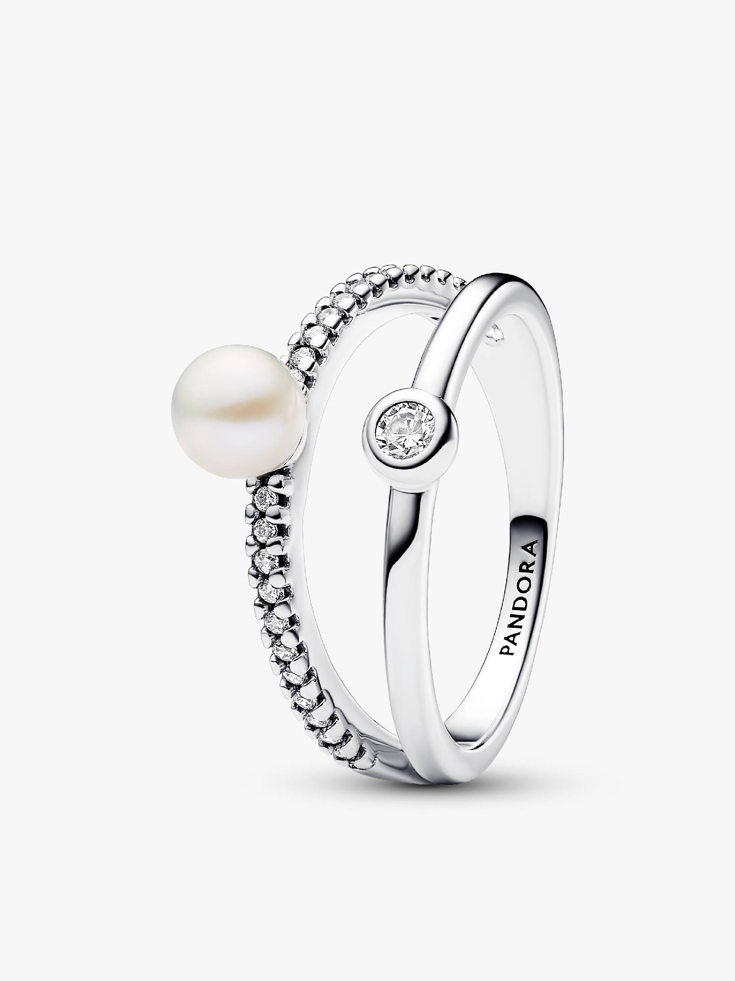 Treated Freshwater Cultured Pearl & Pavé Double Band Ring