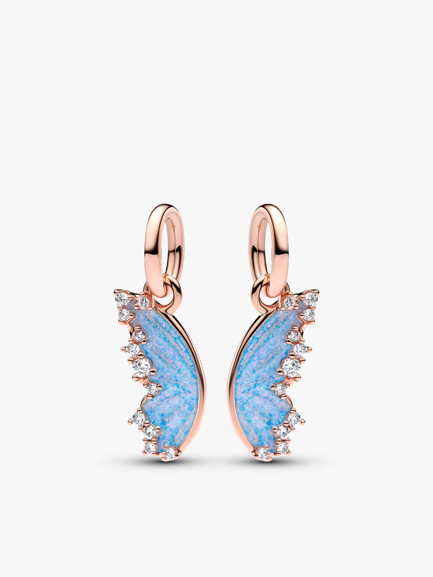 Butterfly 14k rose gold-plated splittable dangle with clear cubic zirconia and shimmering blue enamel