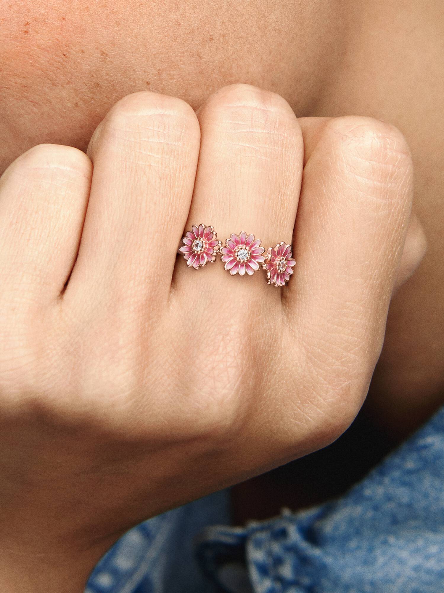 Pink Daisy Flower Trio Ring