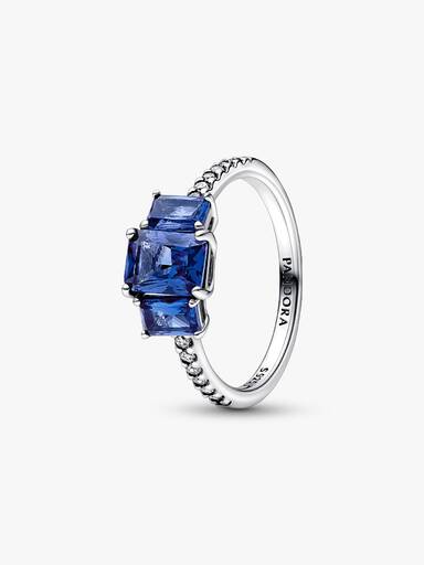 Blue Rectangular Three Stone Sparkling Ring