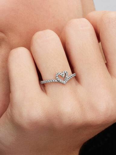 Heart and wishbone sterling silver ring with clear cubic zirconia