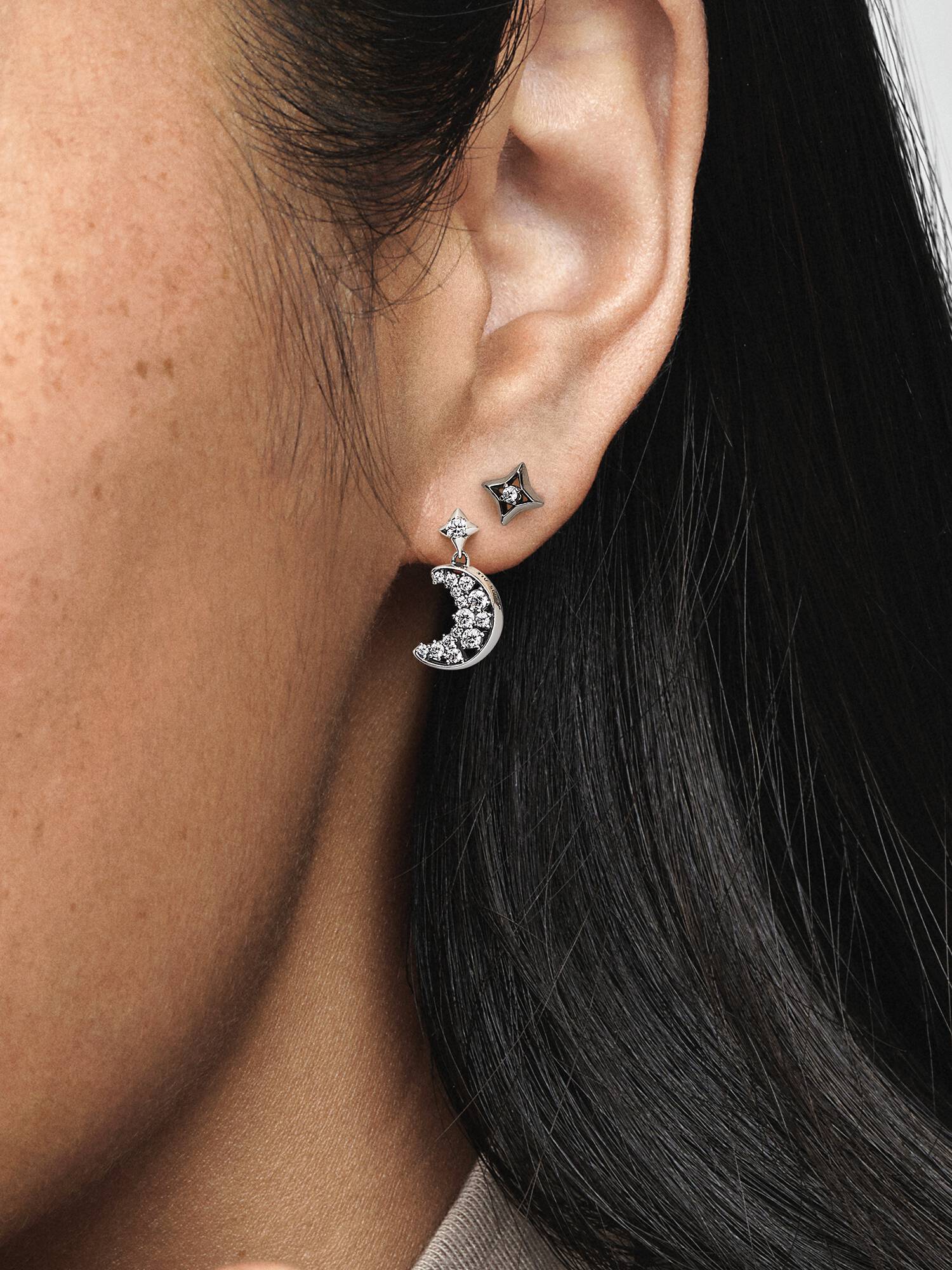 Sparkling Crescent Moon and Star Stud Earrings
