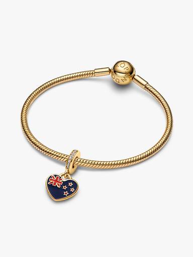 New Zealand flag 14k gold-plated dangle with clear cubic zirconia, blue and red enamel
