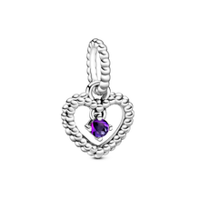 February Purple Heart Hanging Charm with Man-Made Purple Crystal