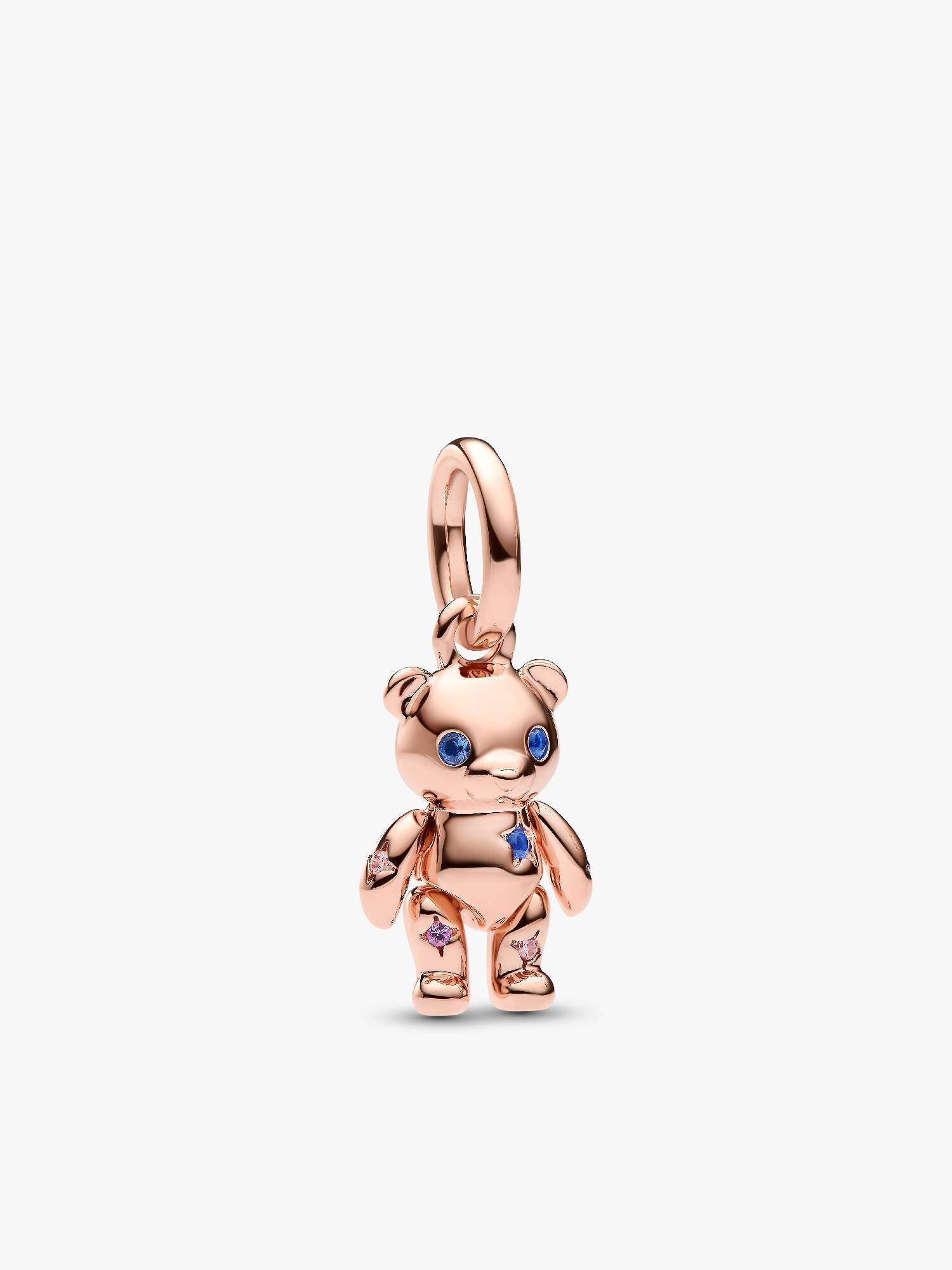 Teddy bear 14k rose gold-plated dangle with fancy fairy tale pink cubic zirconia, royal purple and stellar blue crystal