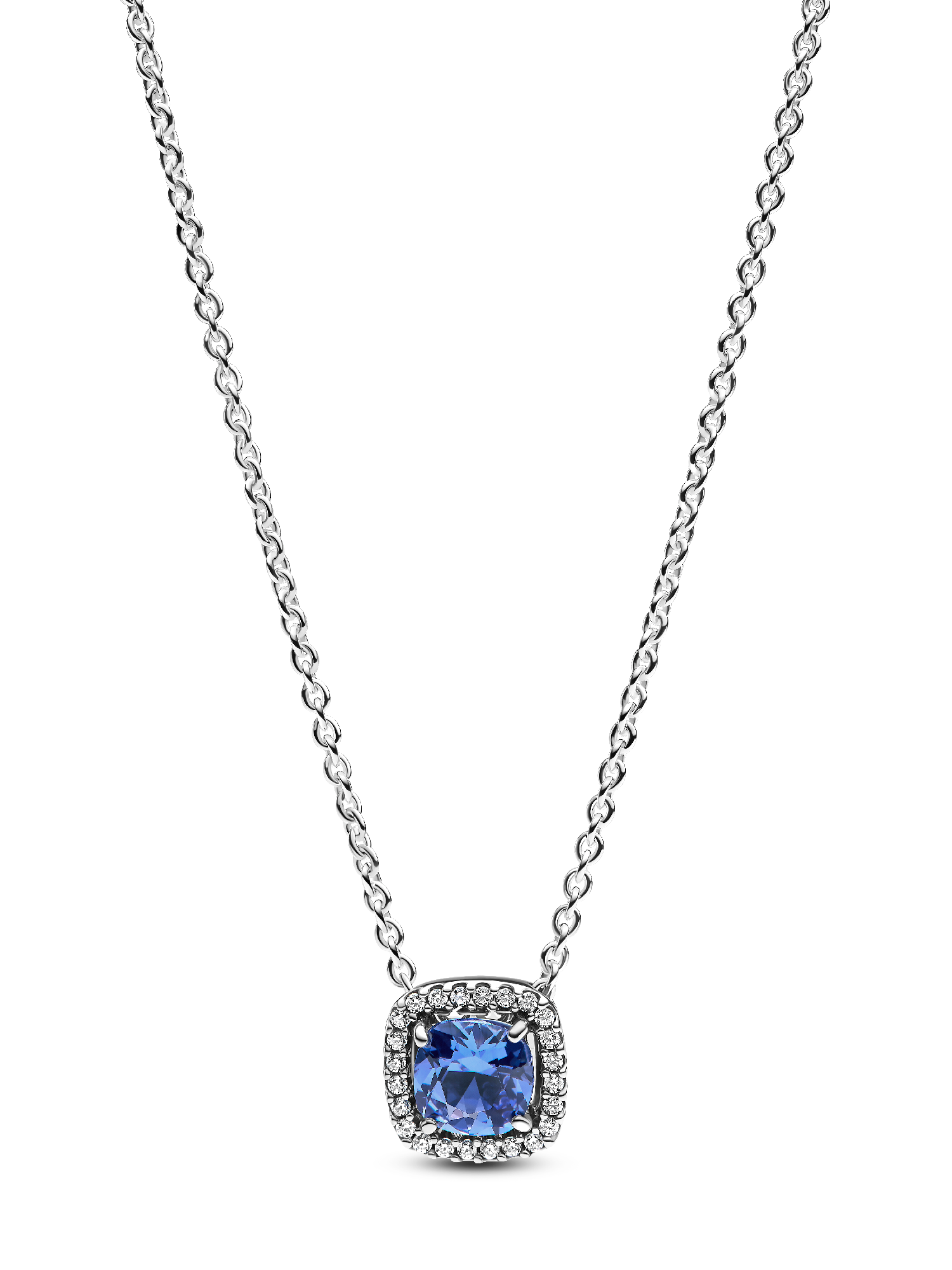 Sparkling Square Blue Halo Pendant Necklace
