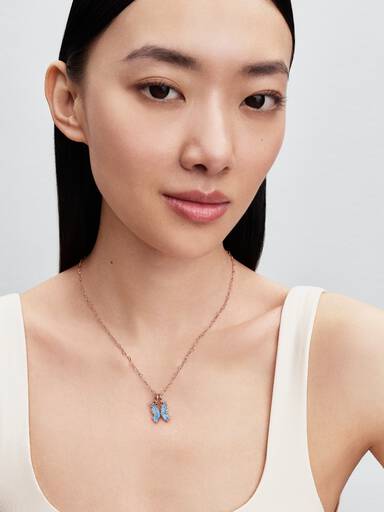 Butterfly 14k rose gold-plated splittable dangle with clear cubic zirconia and shimmering blue enamel