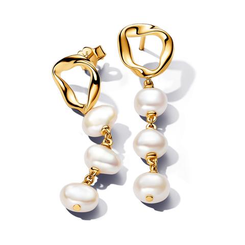 Organically Shaped Circle & Baroque Treated Freshwater Cultured Pearls Drop Earrings