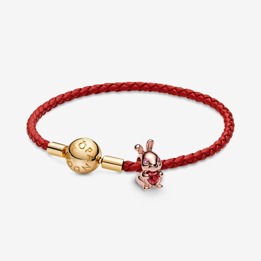 Chinese Year of The Rabbit Charm and Red Woven Leather Bracelet Set image number 0