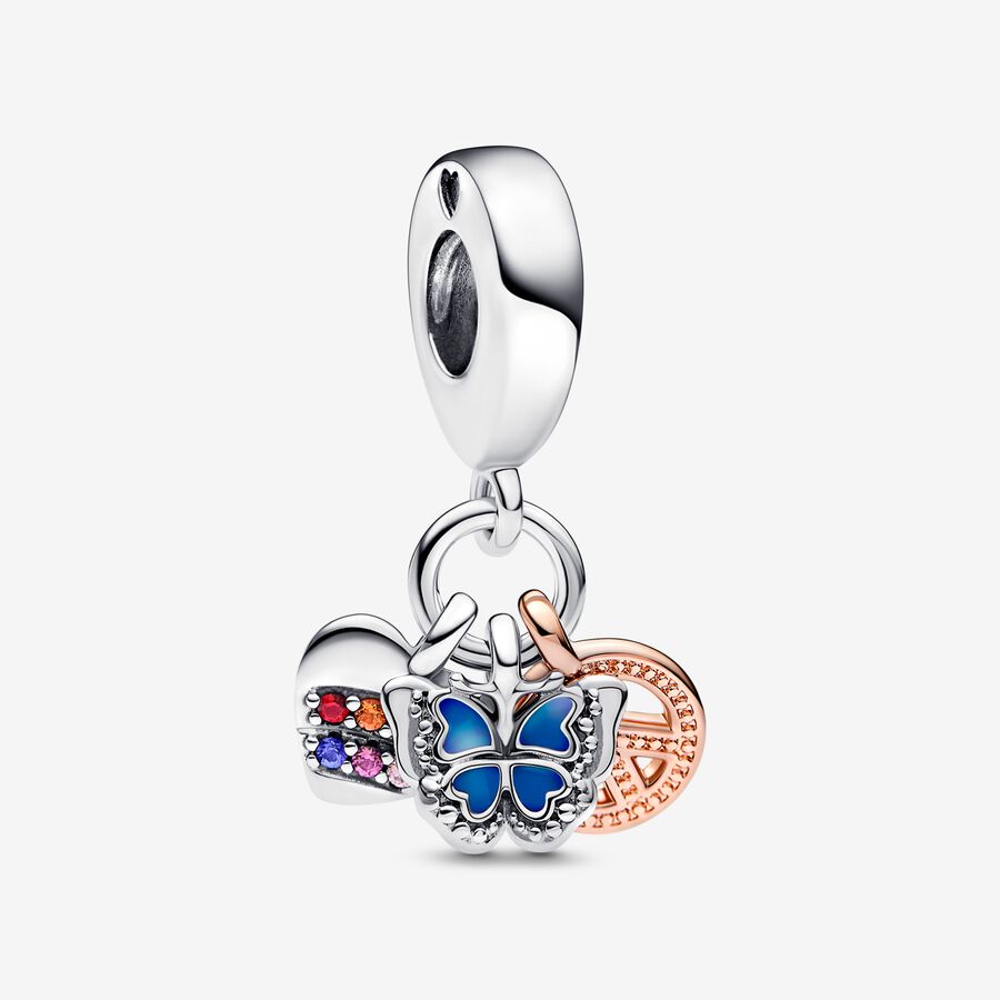 Two-Tone Rainbow Heart, Butterfly & Peace Triple Dangle Charm image number 0