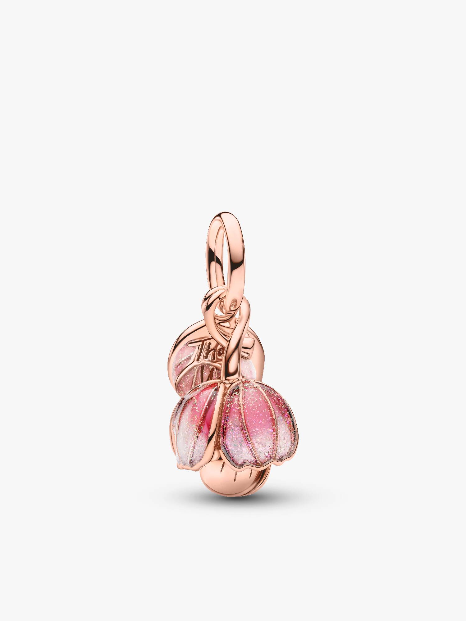 Openable flower 14k rose gold-plated dangle with royal green crystal and glittery shaded pink UV resin