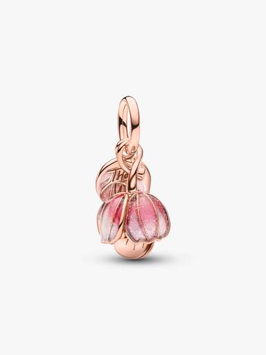 Openable flower 14k rose gold-plated dangle with royal green crystal and glittery shaded pink UV resin