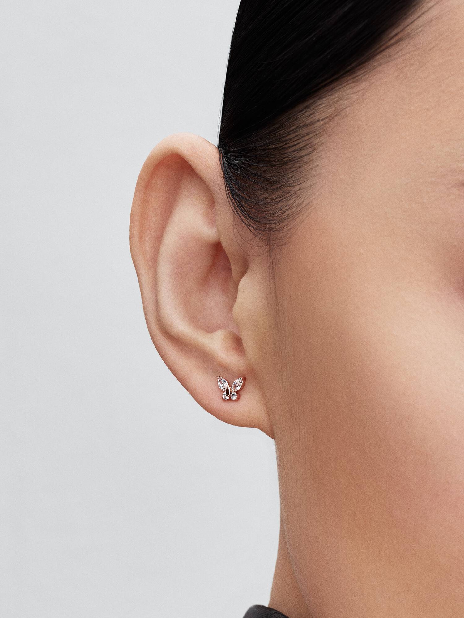 Butterfly 14k rose gold-plated stud earrings with clear cubic zirconia