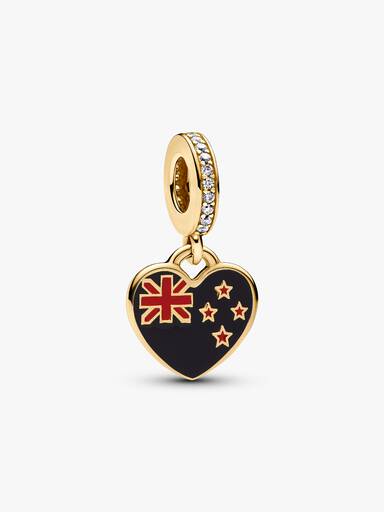 New Zealand flag 14k gold-plated dangle with clear cubic zirconia, blue and red enamel