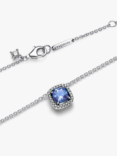 Sparkling Square Blue Halo Pendant Necklace