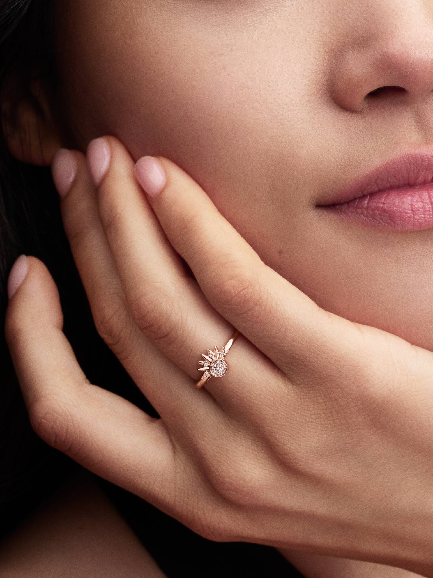 Celestial sun 14k rose gold-plated ring with clear cubic zirconia