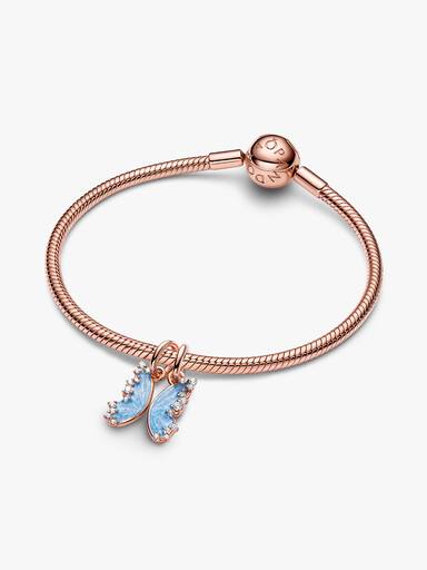 Butterfly 14k rose gold-plated splittable dangle with clear cubic zirconia and shimmering blue enamel